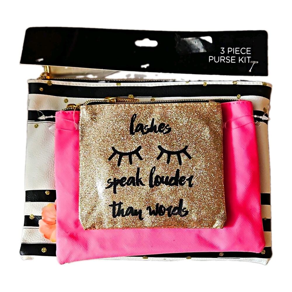 3 Pc Makeup Cosmetic Bag Set Pink Gold Travel Pouch Organizer New